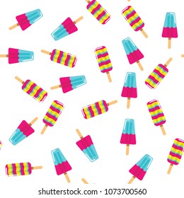 Ice cream pattern on blue background. Colorful ice cream on stick on pattern background