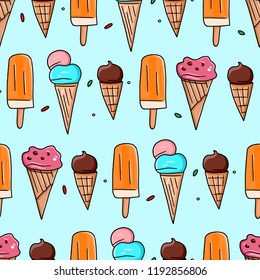 Ice cream pattern on blue background. Seamless illustrations of cute ice cream.