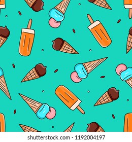 Ice cream pattern on green background. Seamless cartoon illustrations of ice cream.