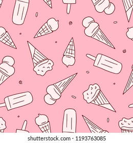 Ice cream pattern on pink background. Seamless ice creams drawn by doodle style.