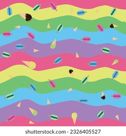 Ice cream pattern on rainbow background, Seamless cute colorful background