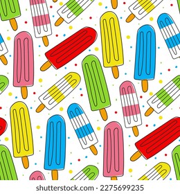 Ice cream pattern on a stick with doodle style and color on a white background. Background illustration with doodles and bright spots. Fruit ice for printing greeting cards and textiles, packaging.