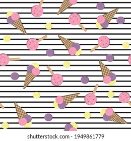 Ice cream pattern on white striped background, vector illustration for textile, print, wallpaper