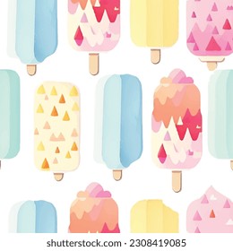 Ice cream pattern with pink and blue popsicles, pastel colours seamless repeat pattern