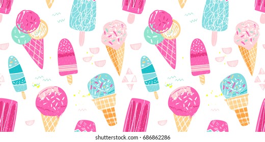 Ice Cream Pattern With Pink And Blue Popcicles And Cones.