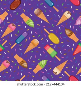 Ice cream pattern and popsicle seamless on purple background.