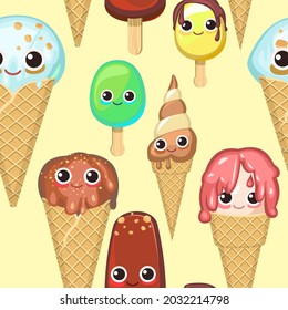 Ice cream pattern seamless. Background illustration. Wallpaper print. In waffle glasses and cones. Popsicle on sticks. Summer food sweet dessert. Cartoon style kids characters. Flat design. Vector
