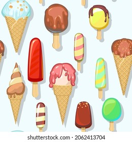 Ice cream pattern seamless. Background illustration. Wallpaper print. In waffle glasses and cones. Popsicle on sticks. Summer food sweet dessert. Flat design. Vector