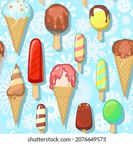 Ice cream pattern seamless. Background illustration. Wallpaper print. In waffle glasses and cones. Popsicle on sticks. Summer food sweet dessert. Frost snowflakes. Flat design. Vector