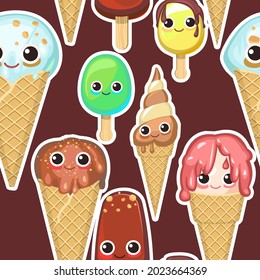 Ice cream pattern seamless. Bbrown background illustration. Wallpaper print. In waffle glasses and cones. Popsicle on sticks. Summer food sweet dessert. Cartoon style characters. Flat design. Vector
