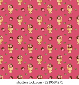 Ice cream pattern. Seamless pattern with ice cream bowl with three scoops of ice cream and green leaves. Cartoon doodle illustration.