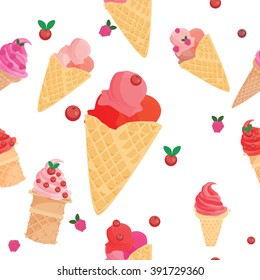Ice cream pattern. Seamless ice cream with cherries and strawberries pattern.