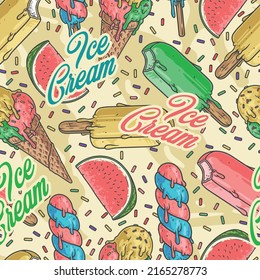 Ice cream pattern seamless colorful vintage treat for children cold sweet dessert with watermelon fruit flavor vector illustration