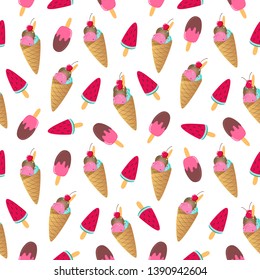 Ice cream pattern. Seamless design. Colorful summer print. Popsicle and waffle cone. Frozen watermelon. Bright colors. White background. Chocolate and strawberry or mint scoop. Cool refreshment theme.