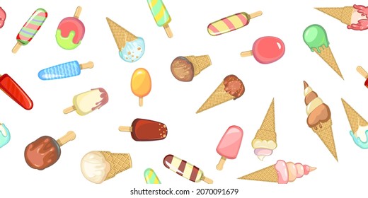 Ice cream pattern seamless. Nice Background illustration. Wallpaper print. In waffle glasses and cones. Popsicle on sticks. Summer food sweet dessert. Flat design. Vector.