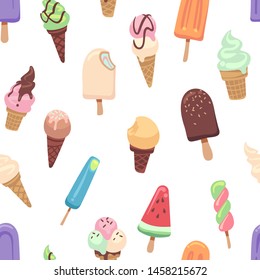 Ice cream pattern. Seamless print with frozen creamy desserts, waffles cones. Sundae vanilla chocolate ice scoops vector texture, holiday paper with topping sweet food