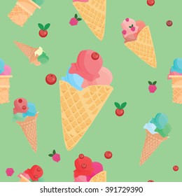 Ice cream pattern. Seamless ice cream with red fruit pattern.