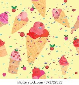 Ice cream pattern. Seamless ice cream with sprinkles and red fruit pattern.