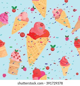 Ice cream pattern. Seamless ice cream with sprinkles and red fruit pattern.