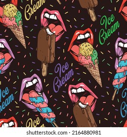 Ice cream pattern seamless vintage colorful human lips bite appetizingly sweet cold dessert melting in hot summer vector illustration