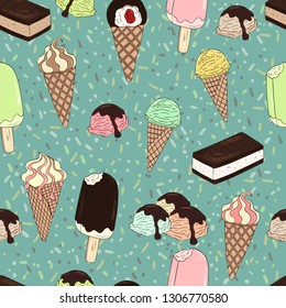 Ice cream pattern. Summer background. Many types ice cream. Sweet delicious summer collection.