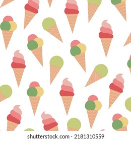 Ice cream pattern. Summer background. Colorfull art. Retro posters with eat. 90s 80s 70s groovy posters. Modern trendy print. Hand drawn ice cream with fruit. Vector illustration