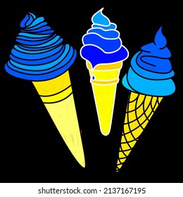 Ice cream pattern vector illustration in blue and yellow colours Ukrainian national colours  on black  background 
