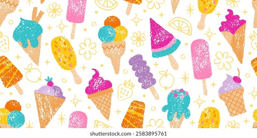 Ice cream pattern. Vector seamless background. Cute summer crayon icecream drawing. Sweet fruit cone. Watercolor popsicle gelato sundae seamless pattern with kid crayon texture. Ice cream bg design