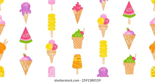 Ice cream pattern. Vector seamless background. Cute summer crayon icecream drawing. Sweet fruit cone. Watercolor popsicle gelato sundae seamless pattern with kid crayon texture. Ice cream bg design