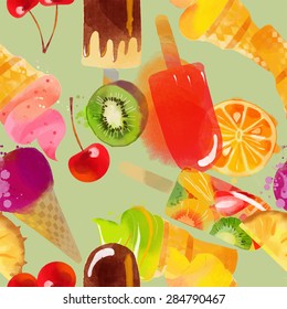 Ice cream pattern. Watercolor vector background