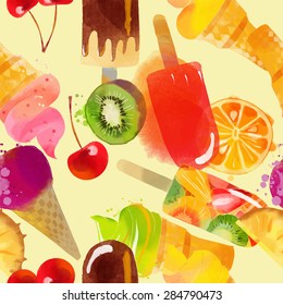 Ice cream pattern. Watercolor vector background