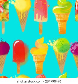 Ice cream pattern. Watercolor vector background