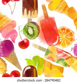 Ice cream pattern. Watercolor vector background