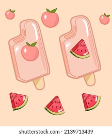 Ice cream with peach and watermelon on the pink background. Vector illustration is suitable for fashionable posters, social networks, postcards, shop, cafe