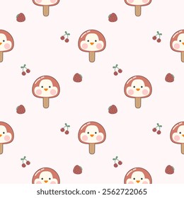 Ice cream penguin cartoon so cute. On cherry strawberry pink background. Pattern seamless vector illustration. 