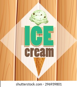 Ice cream picture and word on a white rhombus shape with wooden plank on the background