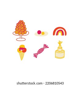 Ice cream, pie, sugar, waffle candy rainbow sweet dessert yummy summer set yellow, pink hand drawn cartoon style isolated on white. Birthday celebration assortment sweetmeat cafe menu. Cake gift. 