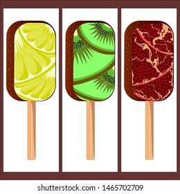 Ice cream from pieces of a lime, pomegranate and a kiwi. Vector illustration.