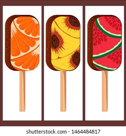 Ice cream from pieces of watermelon, orange and peach. Vector illustration.