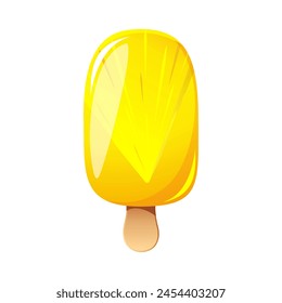 Ice cream with pineapple, fruit popsicle on a wooden stick with pineapple pieces. Summer cold dessert, frozen juice, fruit ice. Vector illustration.