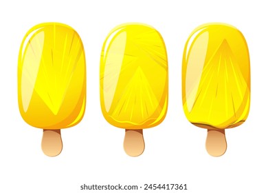 Ice cream with pineapple, fruit popsicle on a wooden stick with pineapple pieces. Summer cold dessert, frozen juice, fruit ice. Vector illustration.