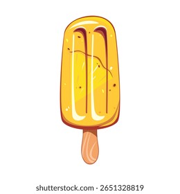 Ice cream with pineapple, fruit popsicle on a wooden stick with pineapple pieces. Summer cold dessert, frozen juice, fruit ice. Vector illustration.