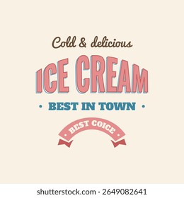 Ice cream pink banner. Sweet cold dessert social media advertising. Retro brand post with text. Branding for cafe or shop. Flat vintage Vector illustration.