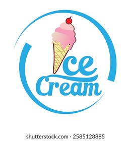 Ice cream with pink color in a waffle cone with letters in a circle. Ice cream logo with delicious ice cream illustration.