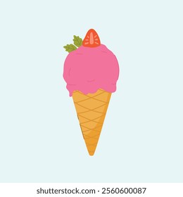 Ice cream in pink cone with strawberry topping, dessert, sweet street food for poster and web icon