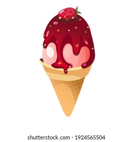Ice cream in a pink cone. Vector illustration isolated in white background. Icon