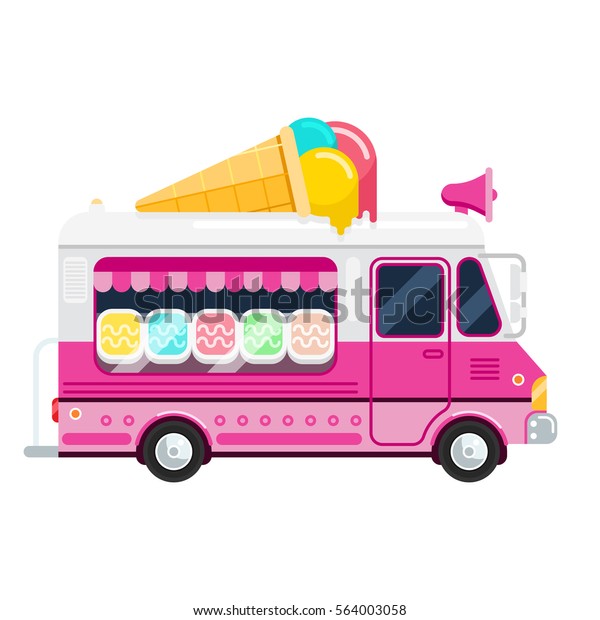 白い背景にアイスクリームのピンクのかわいいバンベクター画像フラットイラスト アイスクリームトラック 側面図 のベクター画像素材 ロイヤリティフリー