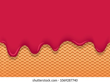 ice cream pink flows through wafer cup and vector texture