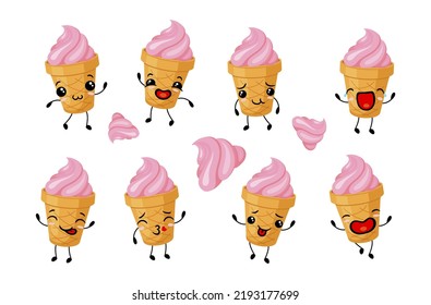 Ice cream pink funny character set vector illustration. Cute cartoon creamy waffle cone smiling crying angry dancing cute mascot summer refreshing dessert with face expression legs and hands