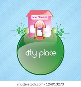 Ice cream, pink house, on green planet. vector illustration